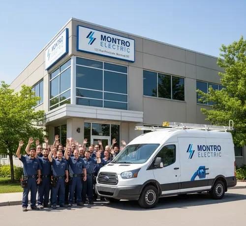 Montro Electric team of electrician is standing for photoshoot in front of company building in Montreal